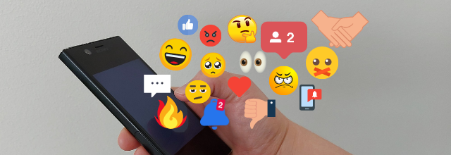 kännykästä nousee emojeja ja sosiaalisen median symboleita