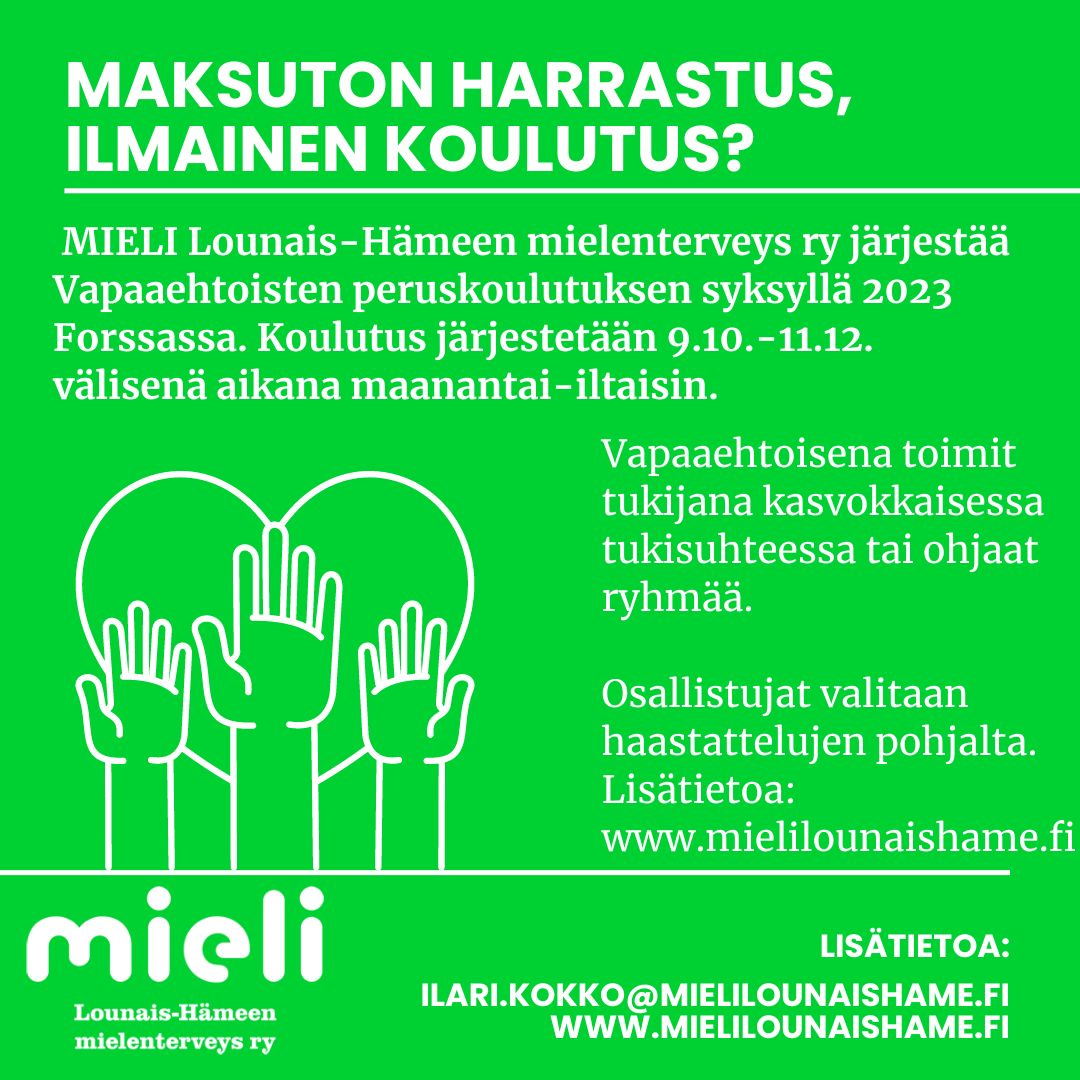 Vapaaehtoistyö peruskoulutus Forssassa 9.10.-11.12. välisenä aikana.