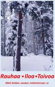 Mieli Kotkan seudun mielenterveys ry:n joulutervehdys 2021, jossa näkyy lumimaisema metsässä