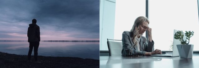 Mies seisoo yksin veden äärellä hämärässä kädet taskuisaan. Nainen istuu työpöydällä ja pitää stressaantuneena sormiaan kasvoillaan.