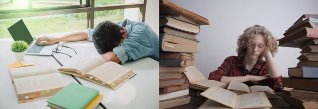 Nuori mies pitää uupuneena päänsä pöydällä. Läppäri ja kirjat levällään. Nuori nainen istuu kirjakasojen keskellä.