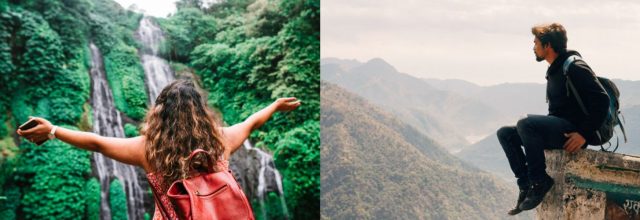 Nainen levittää käsiään innosta vesiputousmaiseman edessä. Mies istuu korkealla ja katsoo vuorimaisemaa.