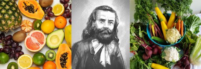Lukuisia hedelmiä. Ravitsemustietäjä Arnold Ehret. Lukuisia vihanneksia.