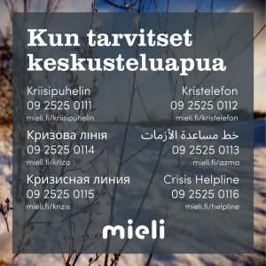 Mainosjuliste MIELI ry:n kriisipuhelinlinjoista 6 eri kielellä