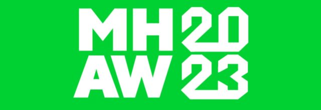 Valkoinen Mental Health Art Week (MHAW) 2023 -logo, vihreällä taustalla