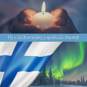Hyvää itsenäisyyspäivää Suomi! Kädet pitävät kynttilää. Suomen lippu. Ja revontulet.