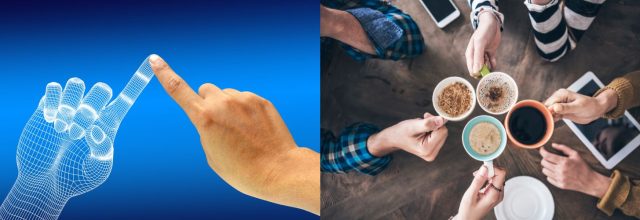 Digitaalinen sormi koskettaa ihmisen sormea. 4 henkilöä laittavat kahvikupit yhteen.